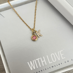 Identity Initial and Birthstone Necklace, Gold Stainless Steel, Adjustable 45-50cm