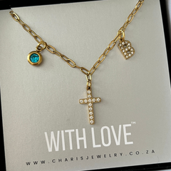 Gold Cross, Initial and Birthstone Necklace