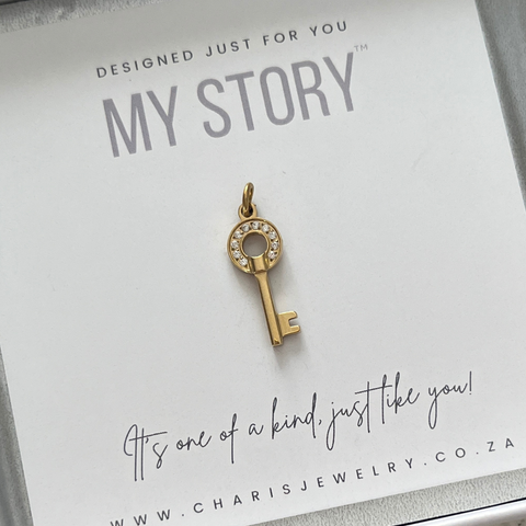 Key CZ Dangle, Gold Water & Tarnish Proof, Size 20mm