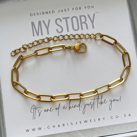 Love Story PaperClip Starter Bracelet, Gold Stainless Steel, Adjustable Size