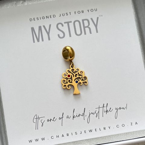 My Story CZ Tree European Charm Bead, Tarnish Proof Gold Stainless Steel