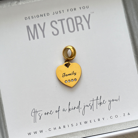 My Story CZ Family European Charm Bead, Tarnish Proof Gold Stainless Steel