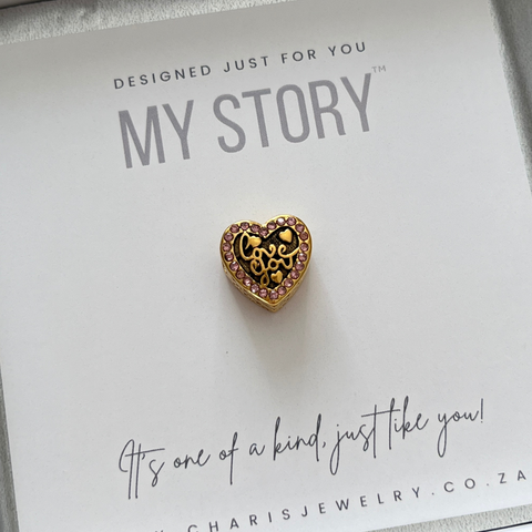 My Story Love You CZ European Charm, Tarnish Proof Gold Stainless Steel