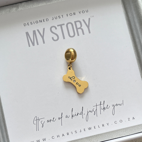 My Story CZ Dog Bone European Charm Bead, Tarnish Proof Gold Stainless Steel