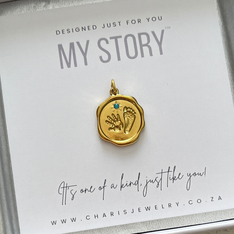 Foot & Hand Print Blue stone Charm Dangle, Tarnish Proof Gold Stainless Steel