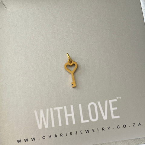 Heart Key Charm Dangle, Gold Water & Tarnish Proof, Size 13mm