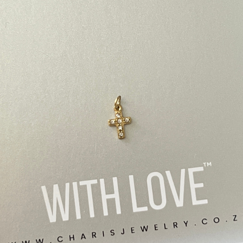 Tiny Cross Crystal Dangle, Gold Water & Tarnish Proof, Size 8.5mm