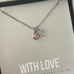 Identity Initial and Birthstone Necklace, Silver Tarnish Proof, Adjustable