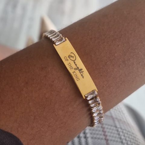 Keturah Personalized CZ Bracelet, Gold Stainless Steel, Adjustable Size