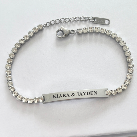 Isabella Personalized Stunning CZ Stones Tennis Bracelet, Silver Stainless Steel, Adjustable Size