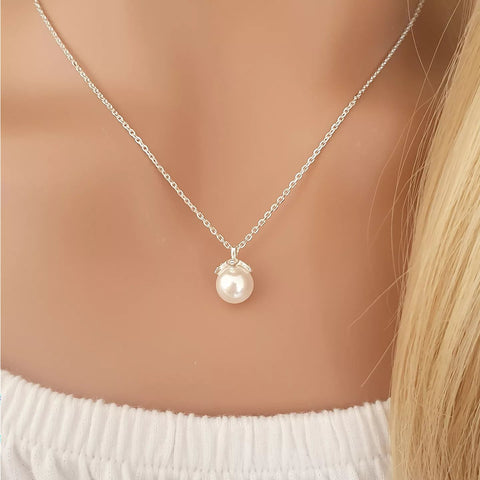 Pearl-Lee 925 Sterling Silver Imitation Pearl Necklace, Size: 8x12mm, 45cm chain