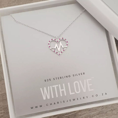Amira 925 Sterling Silver CZ Heartbeat Necklace, Size 16x14mm, 45cm chain