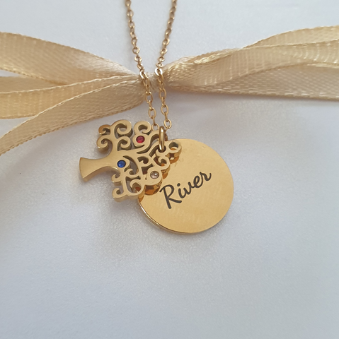 Tiana Ladie's Round Disc and Tree Necklace, Gold Stainless Steel (READY IN 3 DAYS!)