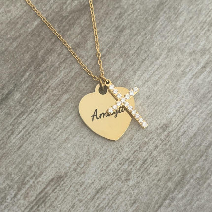 Gracelynn Personalized Heart with Cross Necklace, Gold Stainless Steel, Adjustable 45cm chain