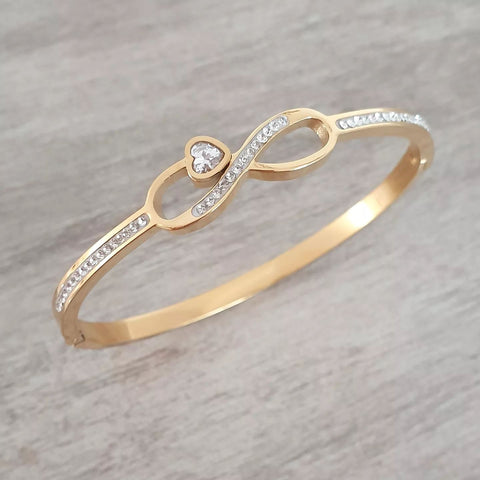 Isadora Infinity CZ Bangle, Gold Stainless Steel Clip Open Bangle, Size: 58mm Diameter