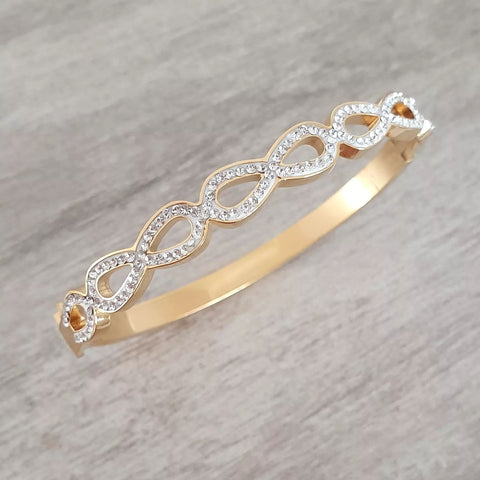 Lavara Infinity CZ Bangle, Gold Stainless Steel Clip Open Bangle, Length:  17cm