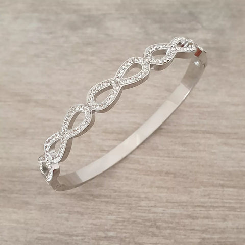 Lavara Infinity CZ Bangle, Stainless Steel Clip Open Bangle, Length:  17cm