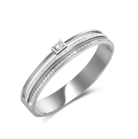 Isabella CZ Bangle, Stainless Steel Clip Open Bangle, Size Length:  17cm