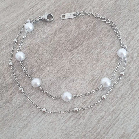 Parosa Imitation Pearl Stack Bracelet, Stainless Steel, Adjustable up to 21cm