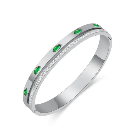 Emeralda CZ Bangle, Stainless Steel Clip Open Bangle, Length:  17cm