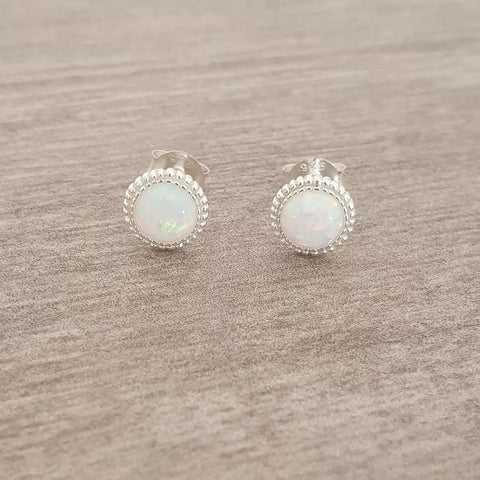 Silver fire snow synthetic opal earrings