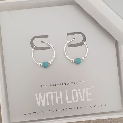 Nia 925 Sterling Silver Bali Hoops with Turquoise Bead, Size: 16mm