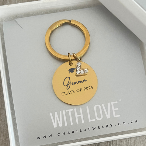 Graduation Gift CZ Heart Personalized Keyring, Gold Stainless Steel