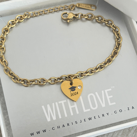 Graduation Matric Gift CZ Mini Heart Bracelet, Gold Stainless Steel, Adjustable Size