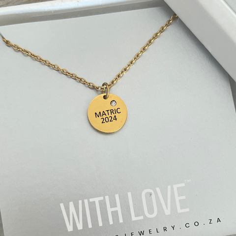 Graduation Matric Gift CZ Mini Disc Necklace, Gold Stainless Steel