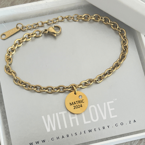 Graduation Matric Gift CZ Mini Disc Bracelet, Gold Stainless Steel, Adjustable Size