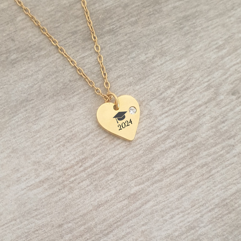 Graduation Matric Gift CZ Mini Heart Necklace, Gold Stainless Steel