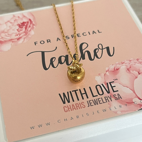 Teacher's Gift Apple Necklace, Gold Stainless Steel