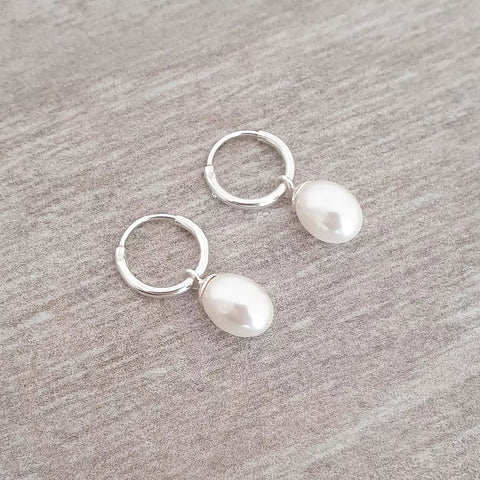 Donelle 925 Sterling Silver Pearl hoop earrings, 6x8mm on Tiny 10mm hoops