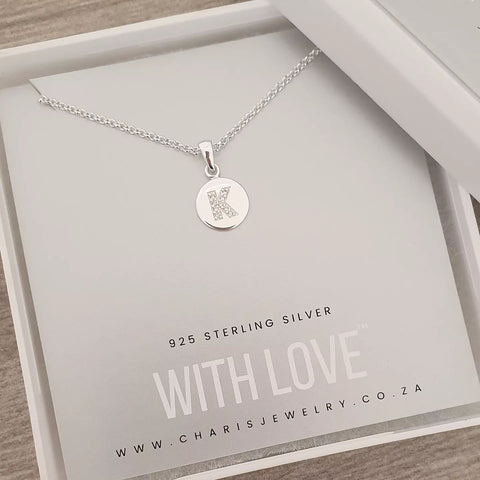 With Love 925 Sterling Silver CZ Initial Necklace A-Z, Size: 12.5mm on Adjustable 45-50cm chain