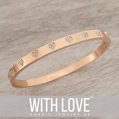 Hartley CZ Bangle, Rose Gold Stainless Steel Clip Open Bangle, Size: 60mm Diameter