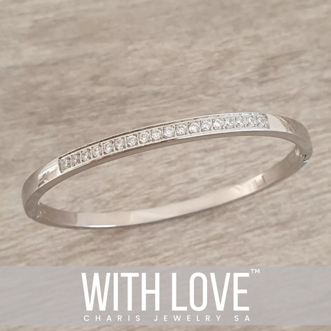 Yara CZ Bangle, Stainless Steel Clip Open Bangle, Size: 58mm Diameter (Water & Tarnish Proof)