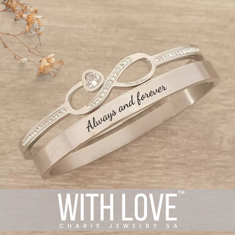 Infinity Stack Set, Personalized Stainless Steel Clip Open Bangles, Size: Regular 58mm diameter (READY IN 3 DAYS)
