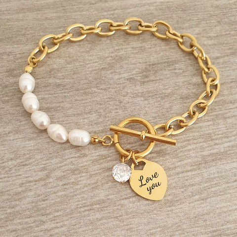 Donna Personalized Gold Stainless Steel CZ Pearl bracelet, Size: 175mm (READY IN 3 DAYS!)