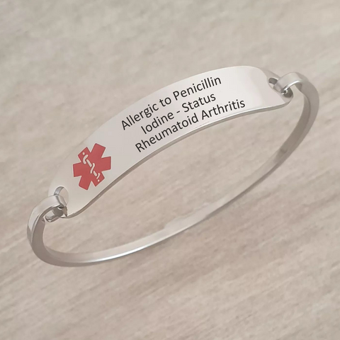 Maddison Personalized Medical Alert Bangle, Stainless Steel, 60mm Diameter (READY IN 3 DAYS!)