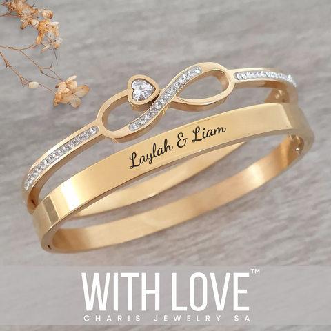 Infinity Stack Set, Personalized Gold Stainless Steel Clip Open Bangles, Size: Regular 58mm diameter