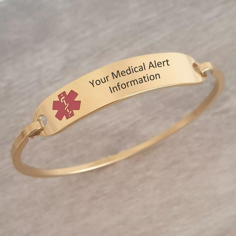 Maddison Personalized Medical Alert Bangle, Gold Stainless Steel, 60mm Diameter (READY IN 3 DAYS!)