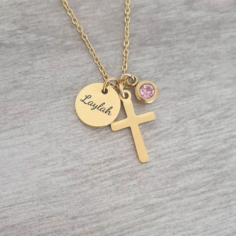 Lamara Personalized Cross with Birthstone Necklace, Stainless Steel (READY IN 3 DAYS)