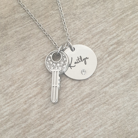 Keylee Personalized Key Necklace Pink or Clear Stones Stainless Steel READY IN 3 DAYS