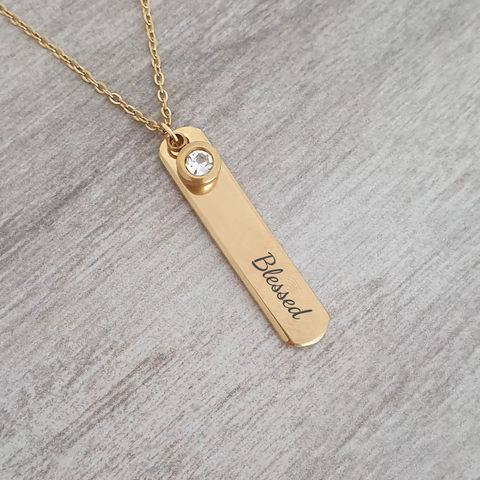 Bella Personalized Bar Necklace with Optional Birthstone, Gold Stainless Steel (READY IN 3 DAYS!)