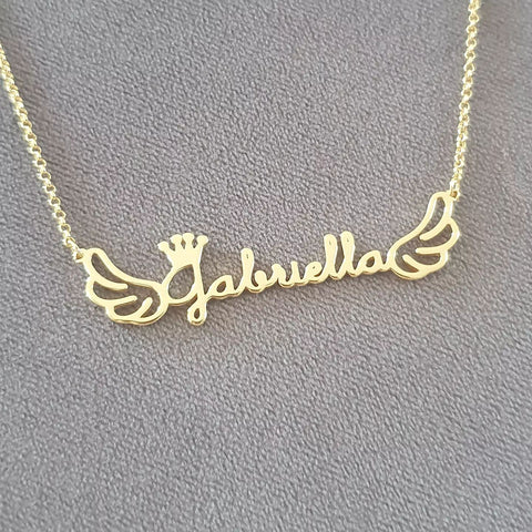 CNE107398 - Sterling Silver Crown Wing Name Necklace (Silver, Gold or Rose Gold)