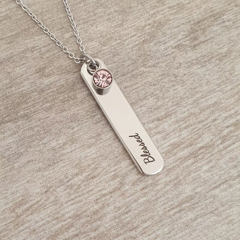 Bella Personalized Bar Necklace with Optional Birthstone, Stainless Steel (READY IN 3 DAYS)
