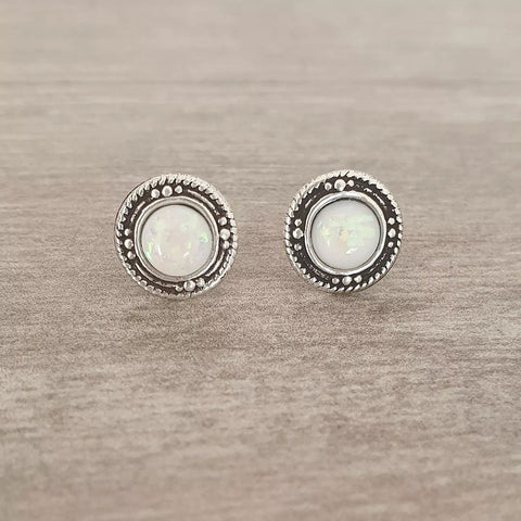 Silver white synthetic opal earrings