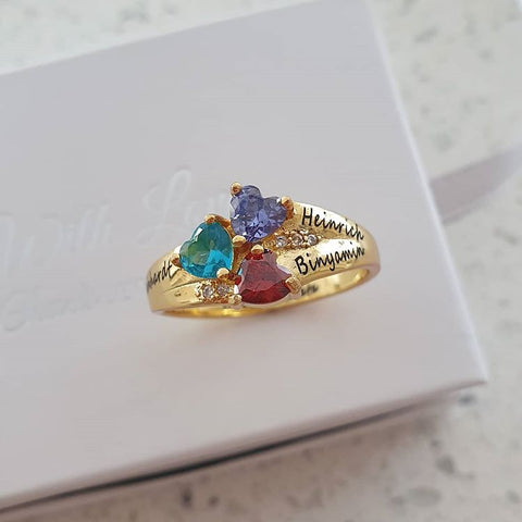 CRI102344 - Gold Plated 925 Sterling Silver Personalized Names & Birthstone Hearts Ring