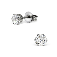 Jeweled Round Surgical Steel Ear Studs, Cubic Zirconia, 4mm
