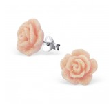 B81 - 925 Sterling Silver Rose Earrings Light Peach Glitter 10mm